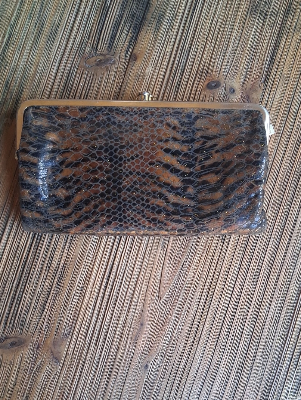 HOBO Glossy Snake-Print Wristlet in Brown and Black